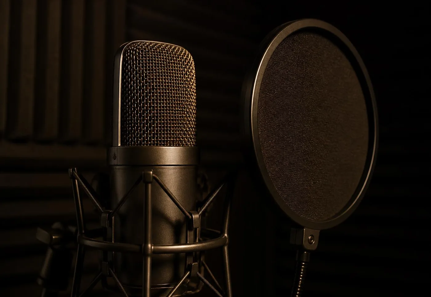 Microphone à condensateur avec filtre anti-pop éclairé latéralement par une lumière chaude